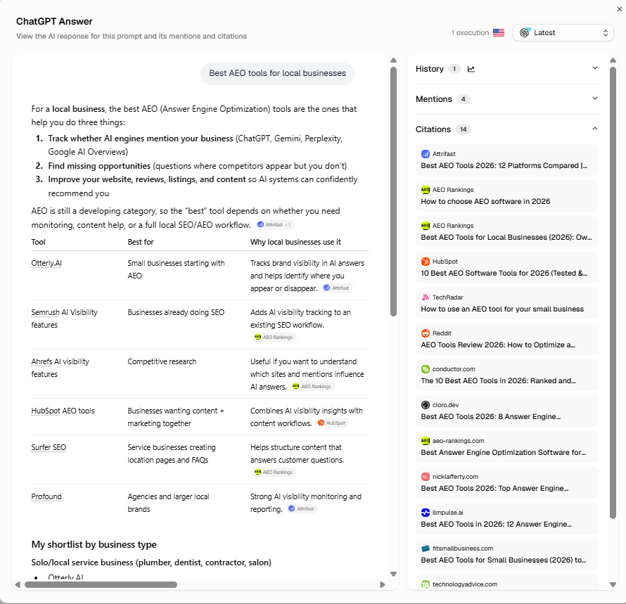 The full ChatGPT answer for the prompt Best AEO tools for local businesses, showing a comparison table naming Otterly, Semrush, Ahrefs, HubSpot, Surfer SEO and Profound, alongside a panel listing the fourteen sources ChatGPT cited, nearly all of which are best-AEO-tools listicles.